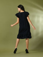 Thumbnail for Myshka Women's Navy Blue Embroidered Cotton Round Neck A-Line Party Dress - Distacart