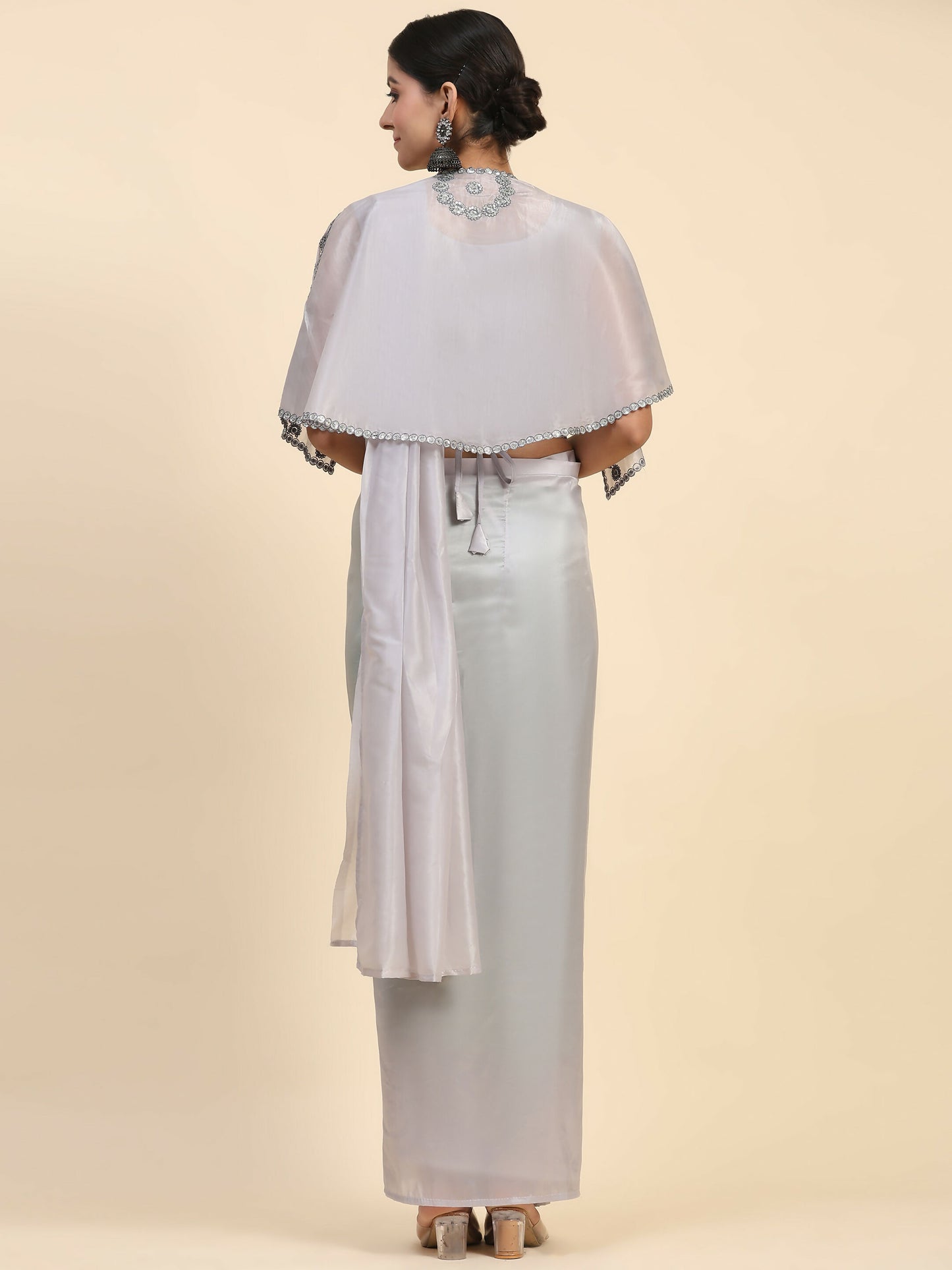 Grey Satin Solid Ready to wear Saree with stitched Blouse - Vanita - Distacart