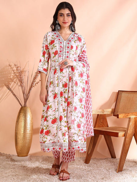 Ode by House of Pataudi Thread Work Pure Cotton Anarkali Kurta with Trousers & Dupatta - Distacart