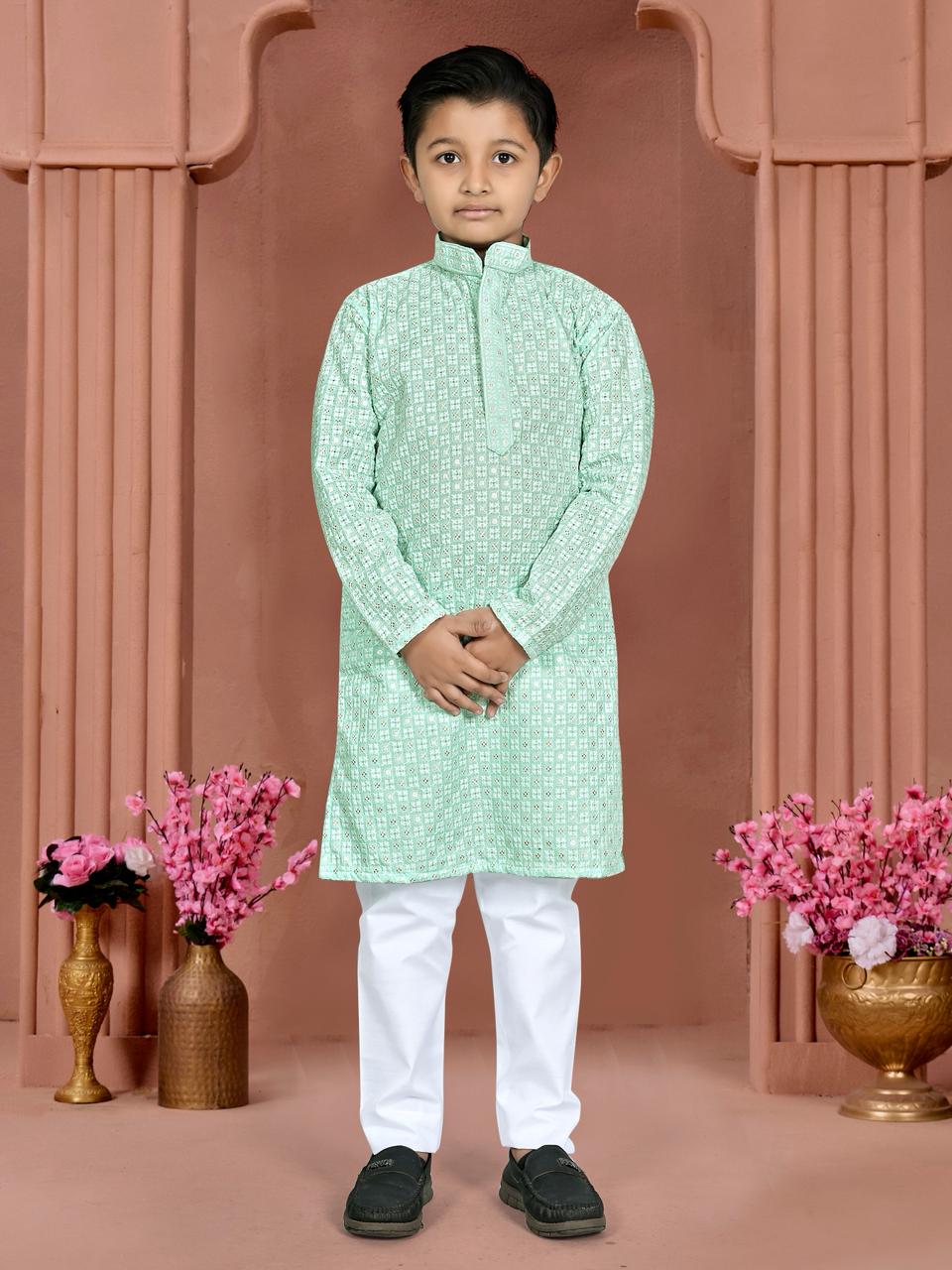 Neera Trendz Light Blue Cotton Chikankari Work Kids Kurta Pajama