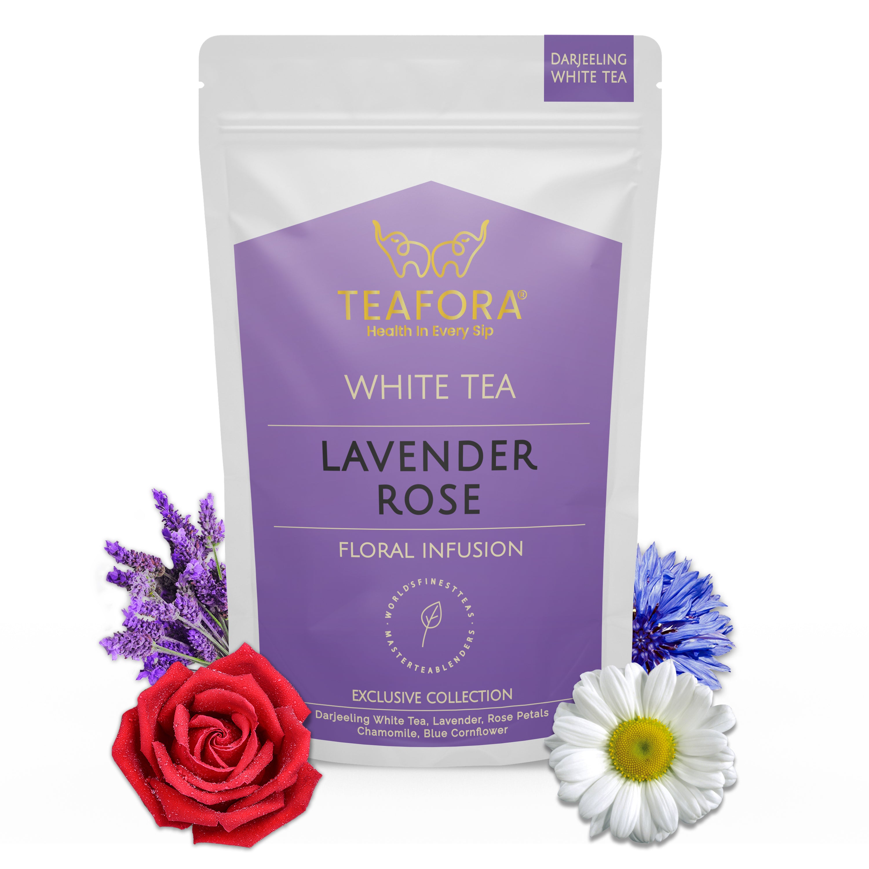 TEAFORA Lavender Rose White Tea | Darjeeling Silver Needles White Loose Leaf Tea Blended with Lavender, Rose Petals, Chamomile & Blue Cornflower - Dista