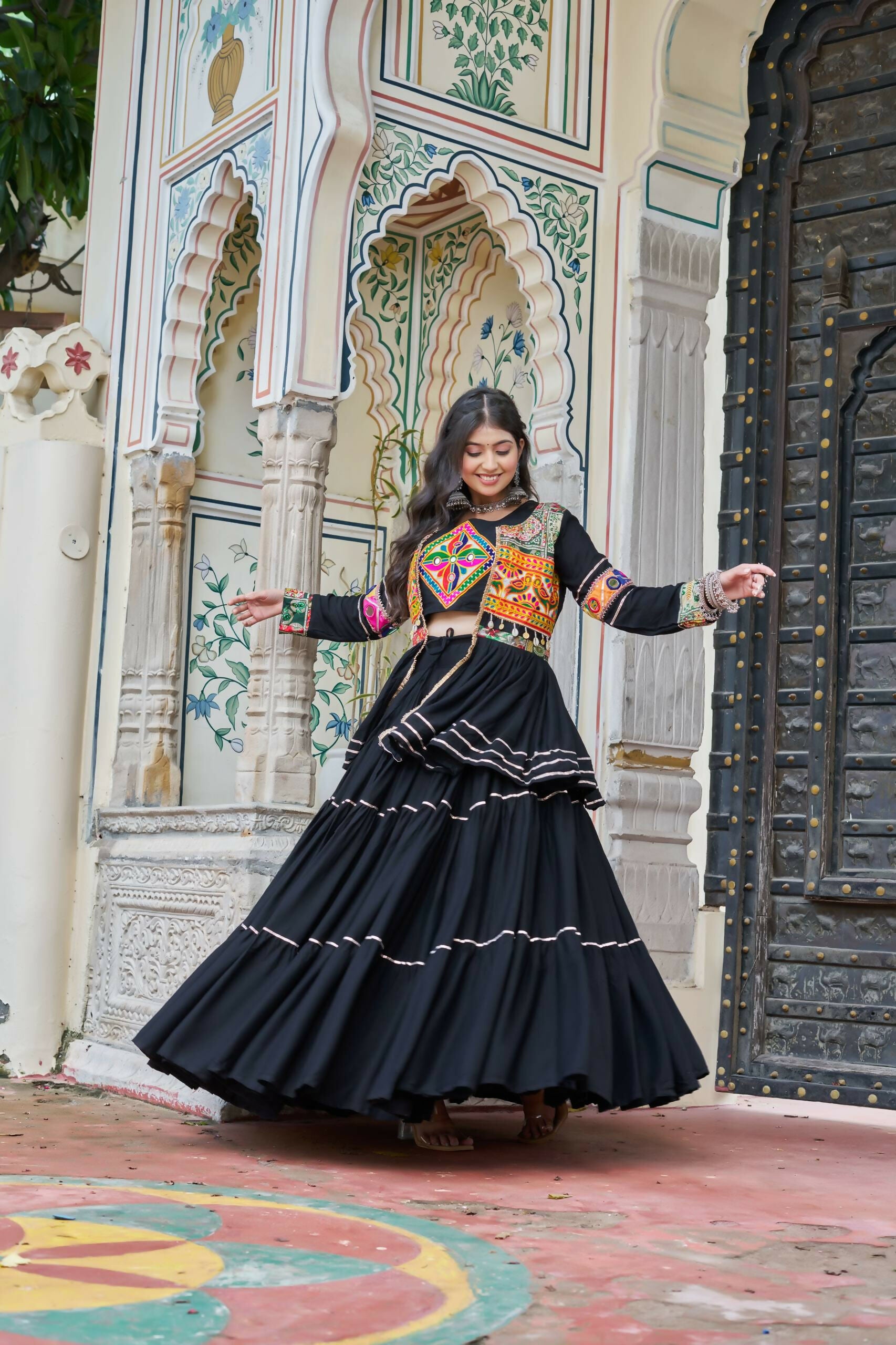 Teeya Creation Womens New Stylish Heavy Gamthi Work With Mirror Lace Work Black Gown Set - Dista