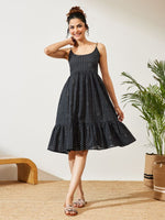 Thumbnail for Janasya Navy Blue A-Line Cotton Dress - Dista