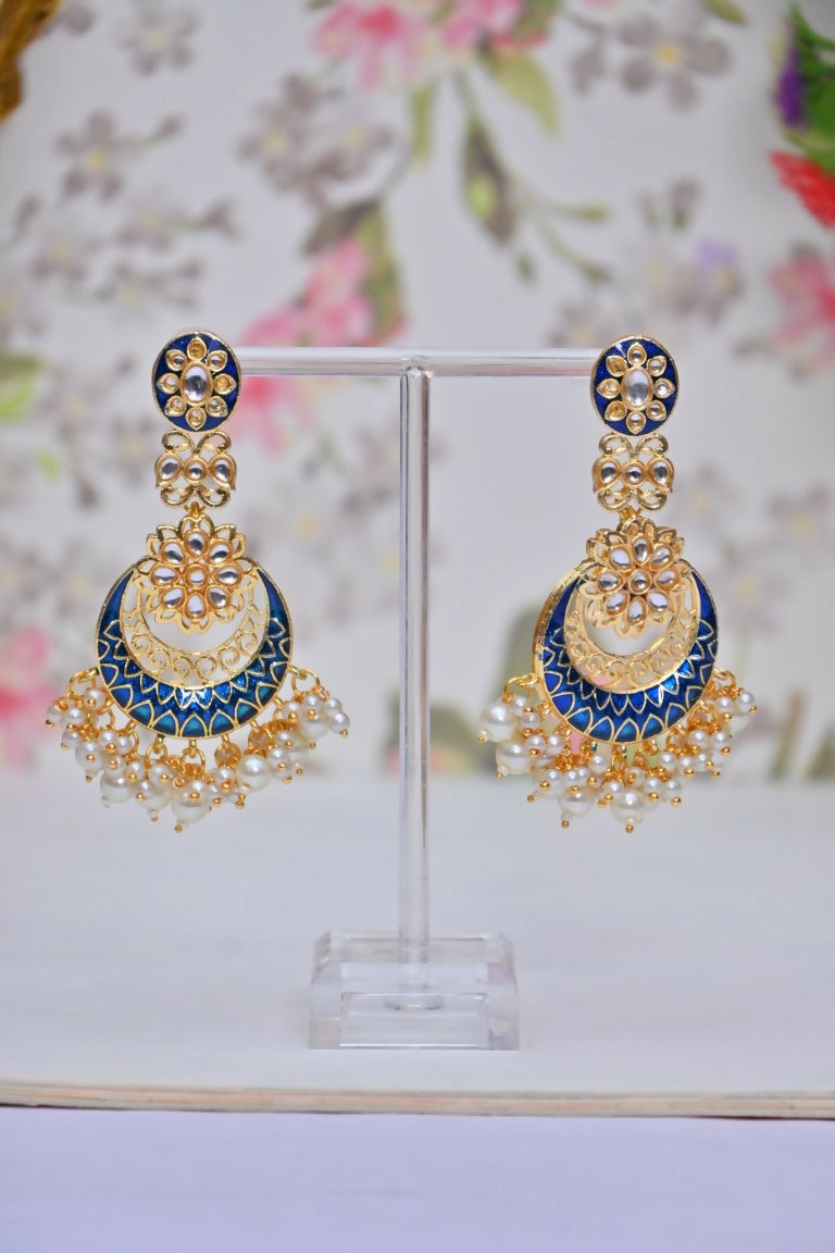 Blue Gold-Polished Beautifully Enamelled Stylish Kundan & Pearl Dangle Women Earrings|Meenakari Chandbali Traditional Ethnic Wear Earrings By House of Ree - Distacart
