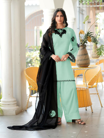 Nikhaar Light Green Embroidered Organza Stitched Straight Cut Kurta Farshi Salwar Dupatta Readymade Suit - Dista