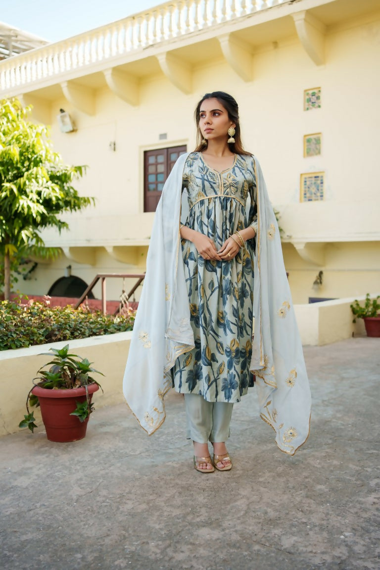 Vaasva Women SkyBlue Muslin Embroidered Kurta,Pant & Dupatta Set - Distacart