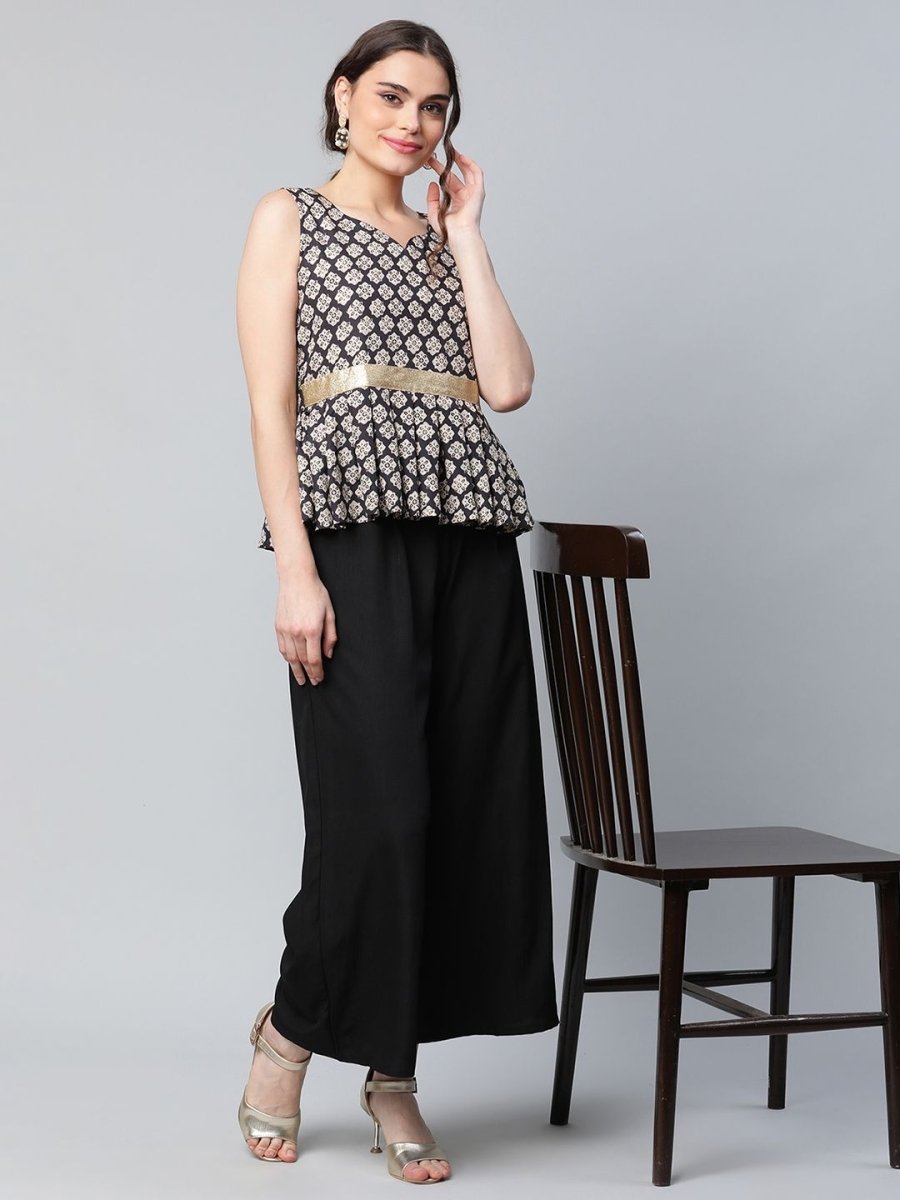 Ahalyaa Women Black Crepe Digital Printed Top with Palazzo Set - Distacart