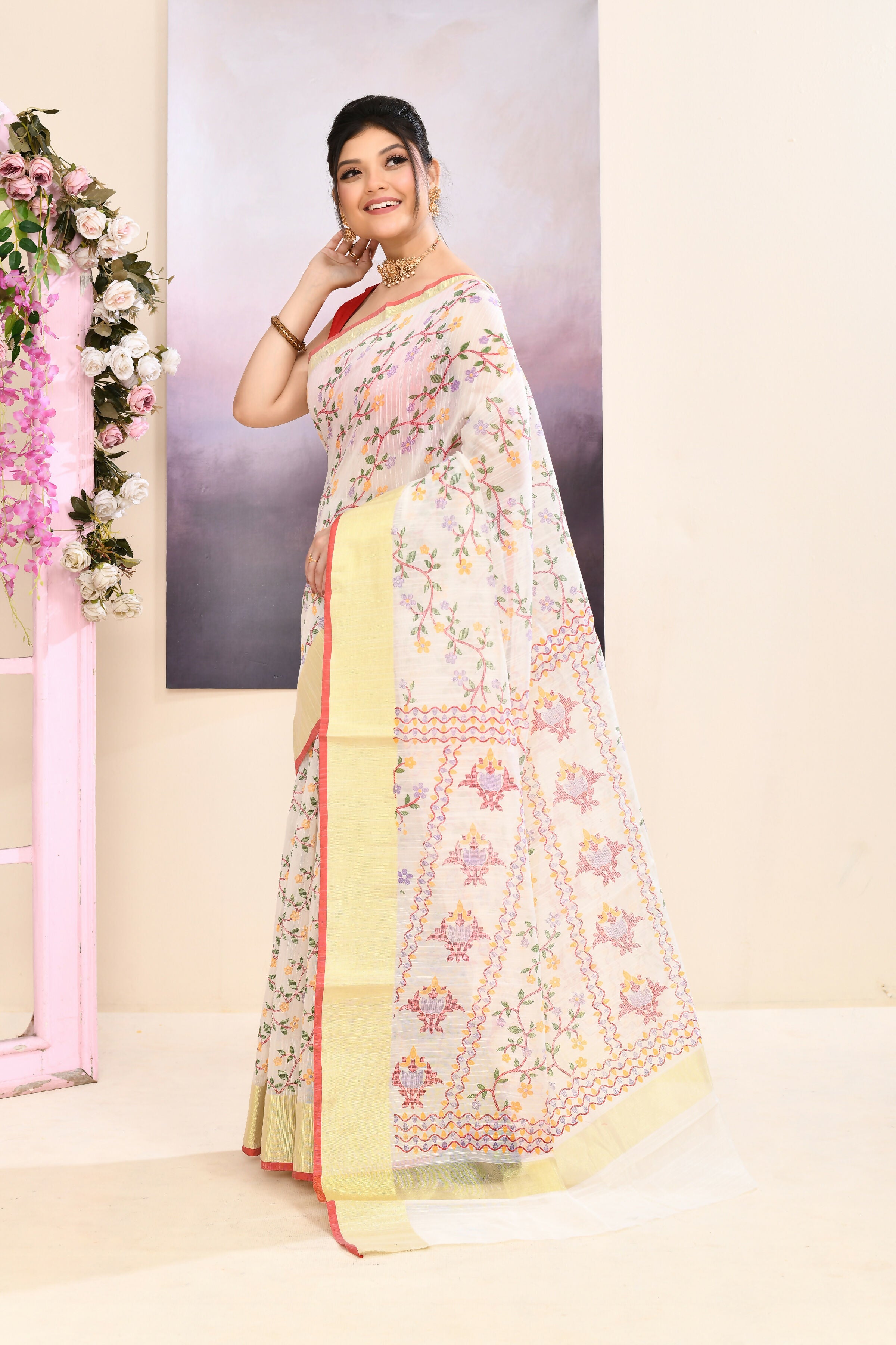 Piyari Fashion Women's White Embellished Cotton Blend Printed Saree - Dista