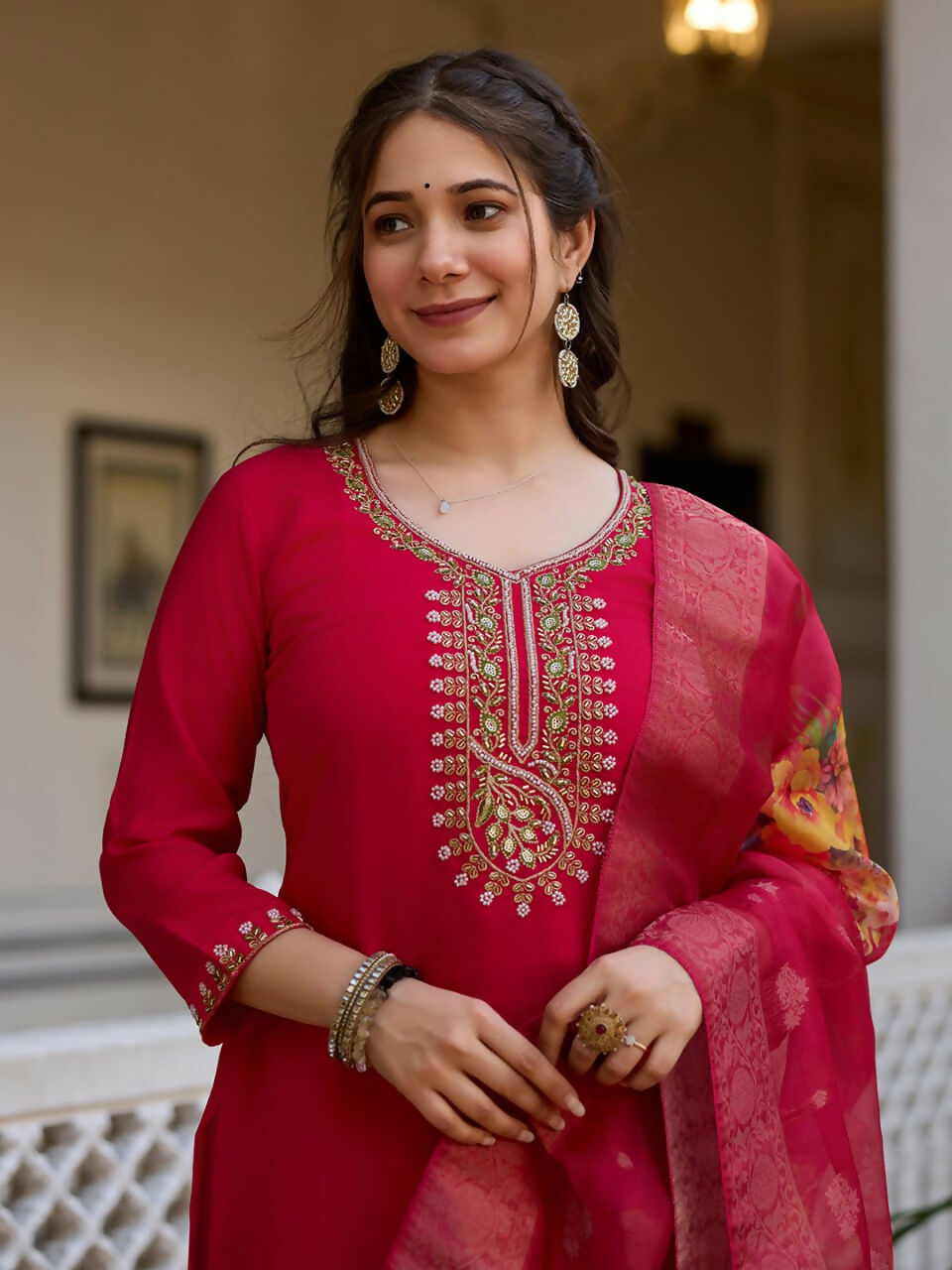 Preksha Creation Maroon Viscose Chanderi Embroidered Beads Kurta Set With Dupatta And Pant