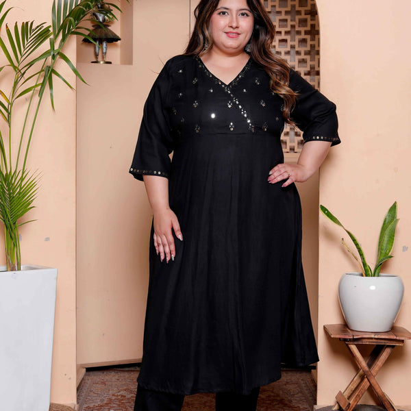 Miravan Womens Plus Size Black Mirror work Angrakha Kurta and Palazzo Set - Distacart