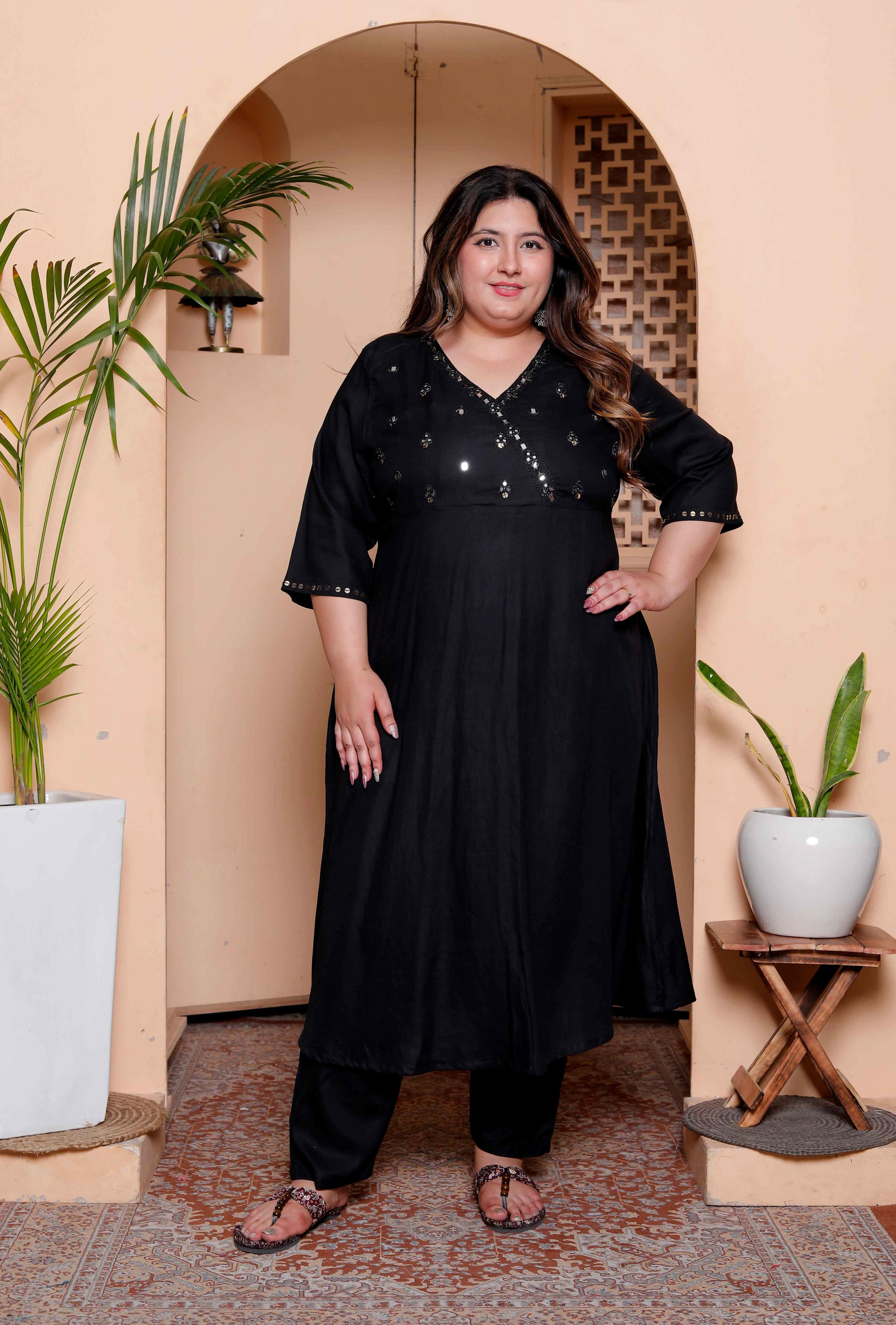 Miravan Womens Plus Size Black Mirror work Angrakha Kurta and Palazzo Set - Distacart
