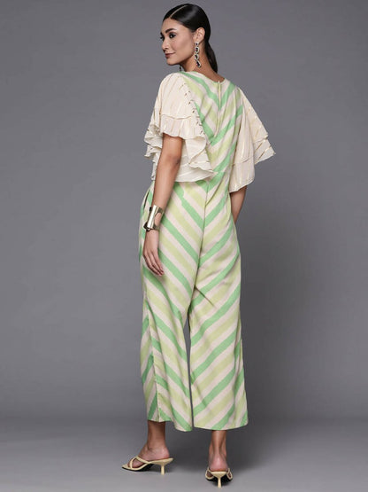 Ahalyaa Off White & Green Zig Zag Print Basic Jumpsuit - Distacart