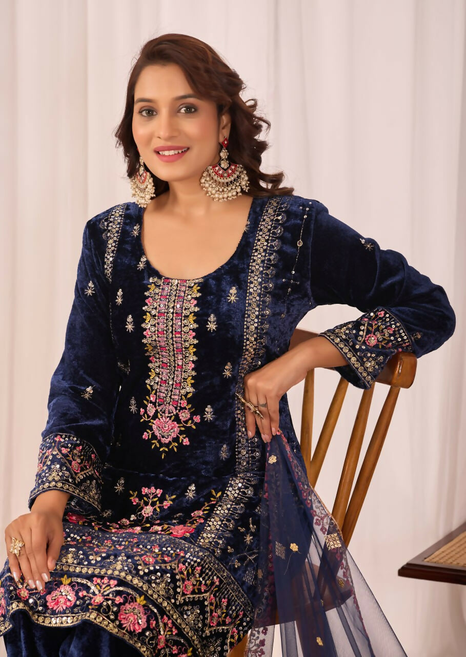 Joban Fashion Blue Velvet Embroidery Sequence Work Readymade Kurta Set - Distacart