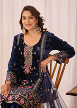 Thumbnail for Joban Fashion Blue Velvet Embroidery Sequence Work Readymade Kurta Set - Distacart