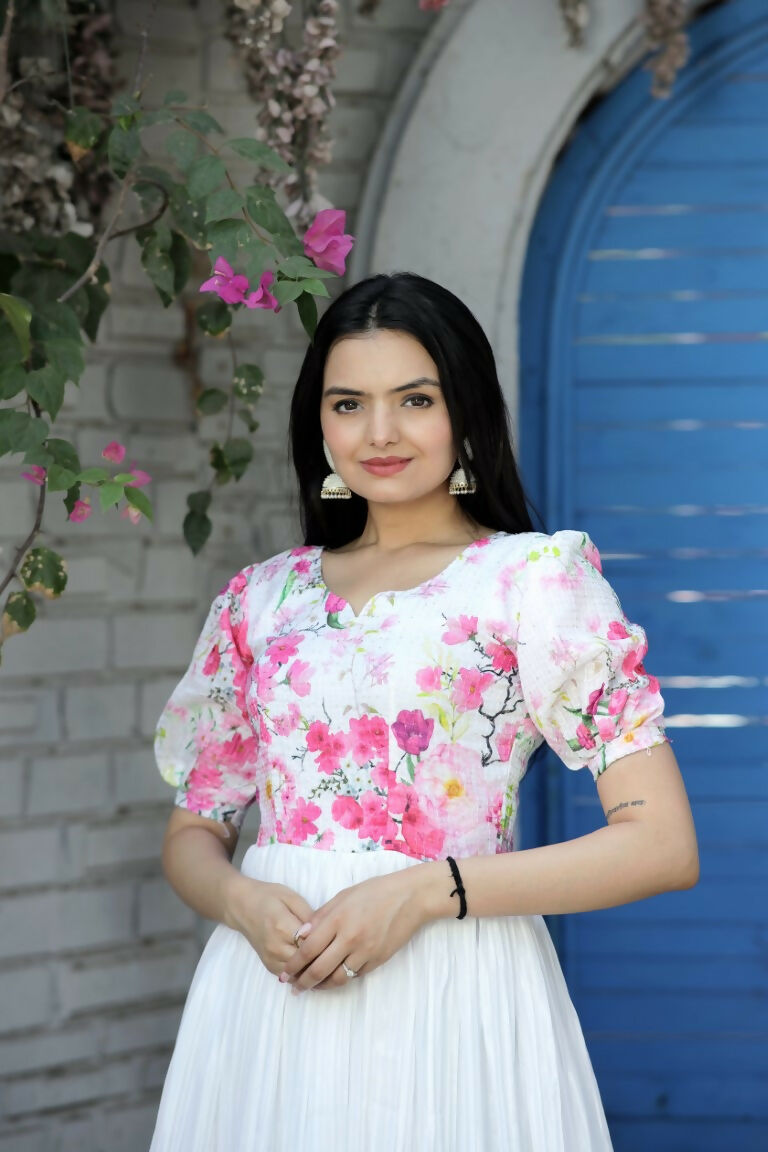 Jyoti Fashion Women's White Floral Digital Printed Chinon Anarkali Dress - Distacart