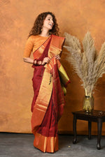 Thumbnail for Very Much Indian Handloom Pure Cotton Linen Saree With Golden Border - Dark Maroon - Distacart