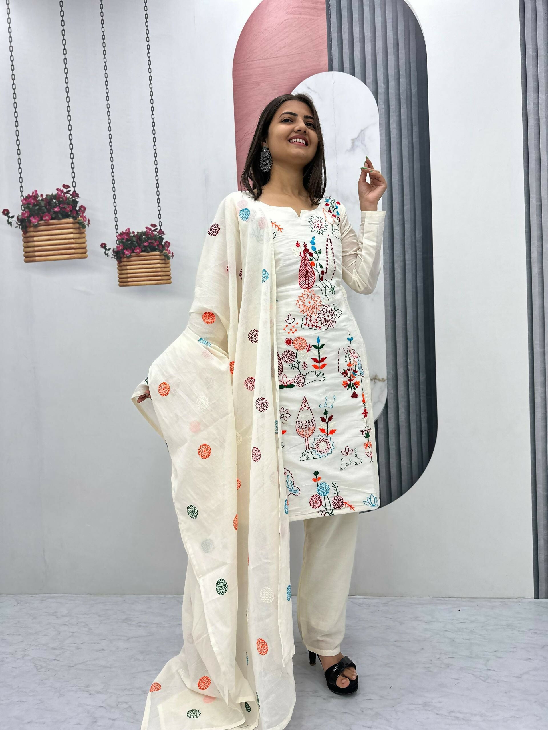 Teeya Creation Womens New Khadi Cotton Heavy Embroidery Thread Work Cream Kurta Set - Dista