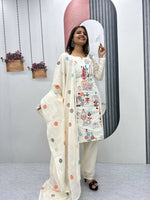 Thumbnail for Teeya Creation Womens New Khadi Cotton Heavy Embroidery Thread Work Cream Kurta Set - Dista