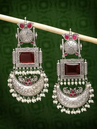 Thumbnail for NVR Women's Silver-Plated Artificial Stones and Beads Chandbali Earrings - Distacart