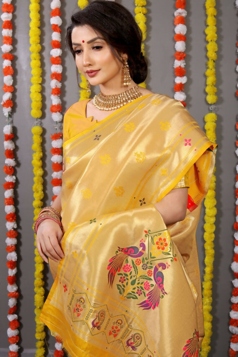 Jyoti Fashion Women's Yellow Paithani Silk Zari Woven Saree with Blouse - Distacart