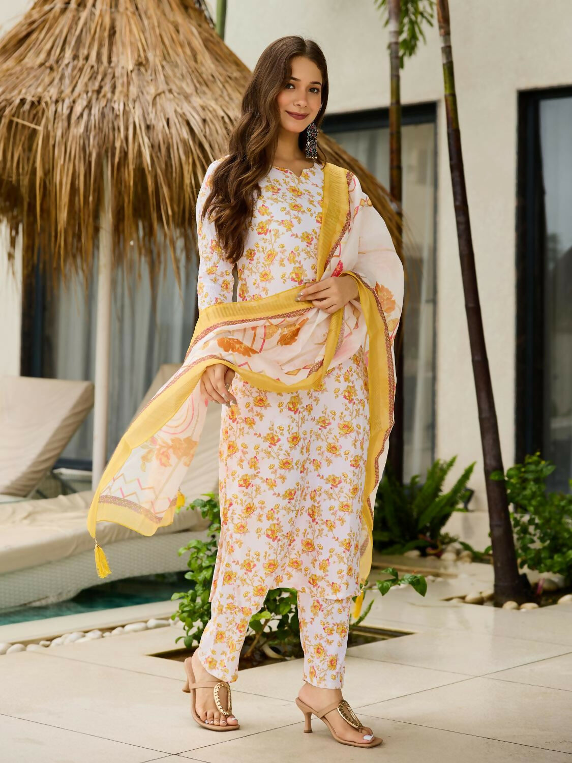 The52 Yellow Women's Beautiful Printed Silk Blend Fabric with Straight Kurta, Pant and Dupatta Set - Distacart