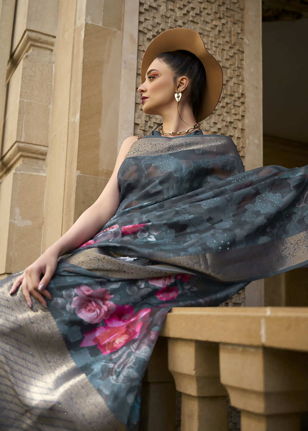 Lovely Navy Blue Polly Brasso Designer Saree - Emponline - Distacart