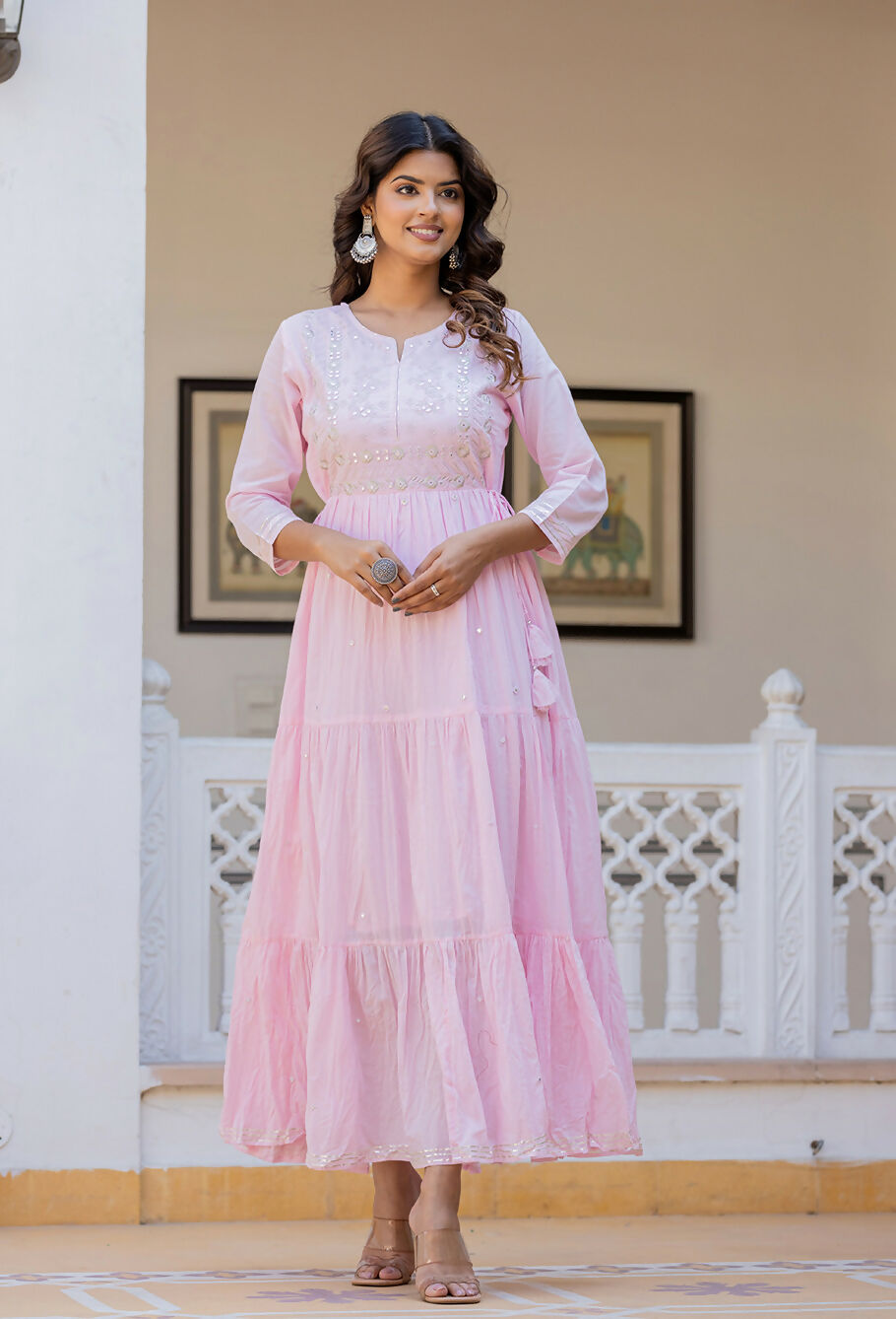 Kaajh Women's Light Pink Embroidered Ethnic Dress - Distacart