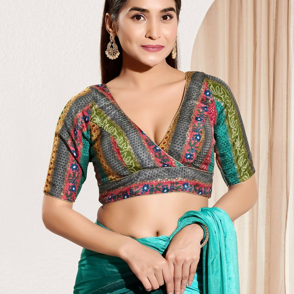 Joban Fashion Rama Green Brocade Padded Blouse With V Neck Elbow Sleeves - Distacart