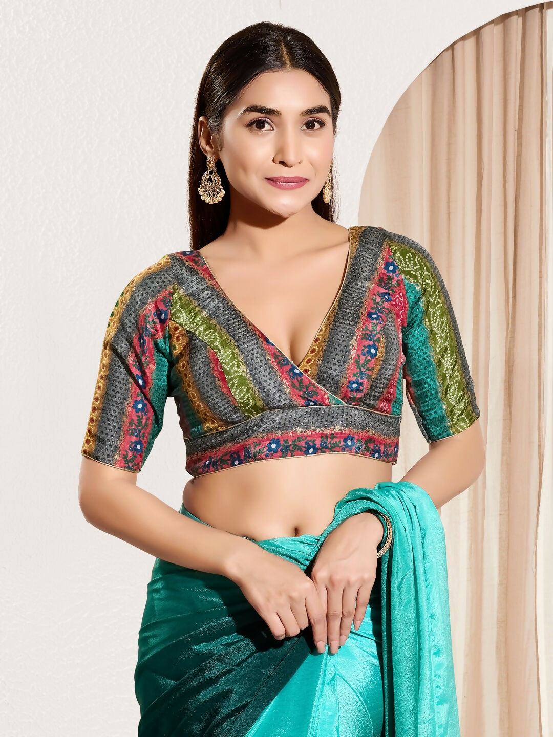 Joban Fashion Rama Green Brocade Padded Blouse With V Neck Elbow Sleeves