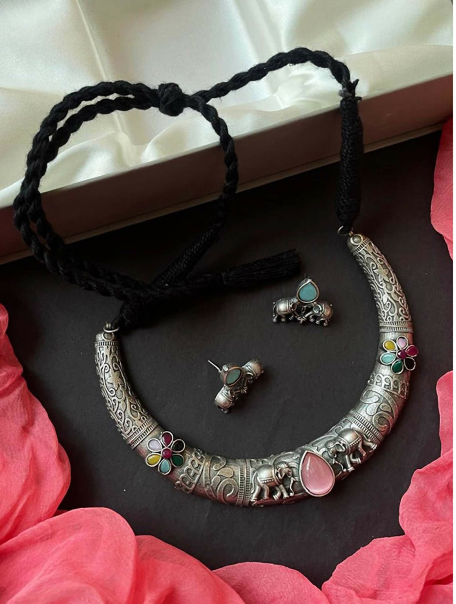 Joban Fashion Women Oxidize Monalisa Stone Oxidized Choker With Earring Set