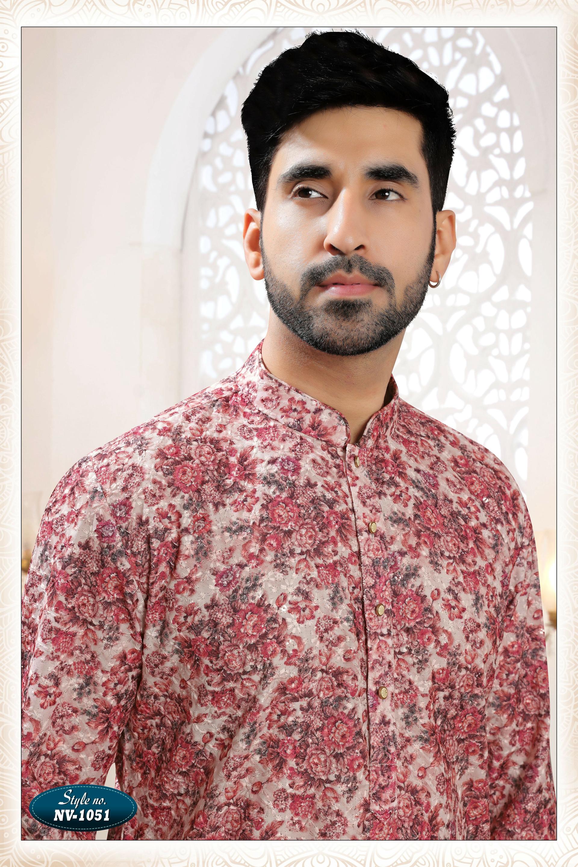 Joban Fashion Men's Pinkish Red Straight Rayon Thread Embroidery All Over Kurta Set - Distacart
