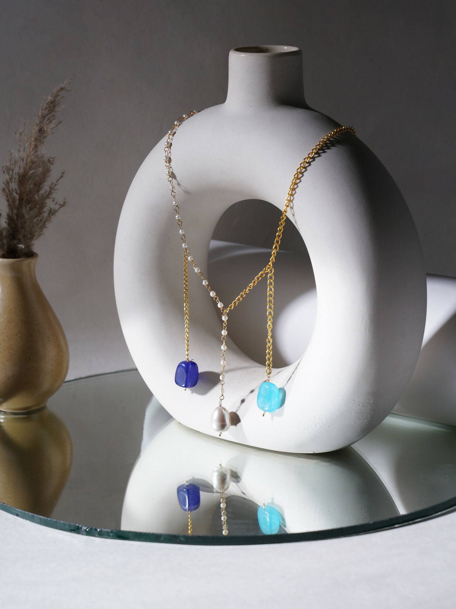 Long Pearl and Gold Chain Neckpiece (Gold) - Ruby Raang - Distacart