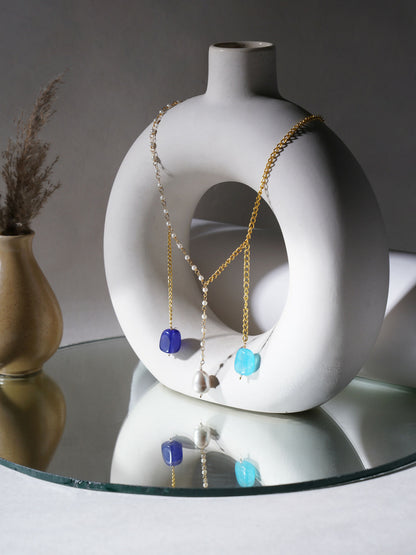 Long Pearl and Gold Chain Neckpiece (Gold) - Ruby Raang - Distacart