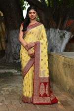 Thumbnail for Joban Fashion Pale Yellow Crepe Chiffon Pure Handloom Banarasi Silk Saree