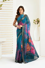 Thumbnail for Vastranavya Teal Digital Printed Linen Ready To Wear Designer Saree with Unstitched Blouse - Distacart