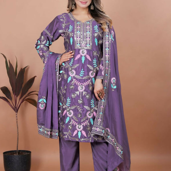Joban Fashion Purple Silk Embroidered Kurti Set - Distacart