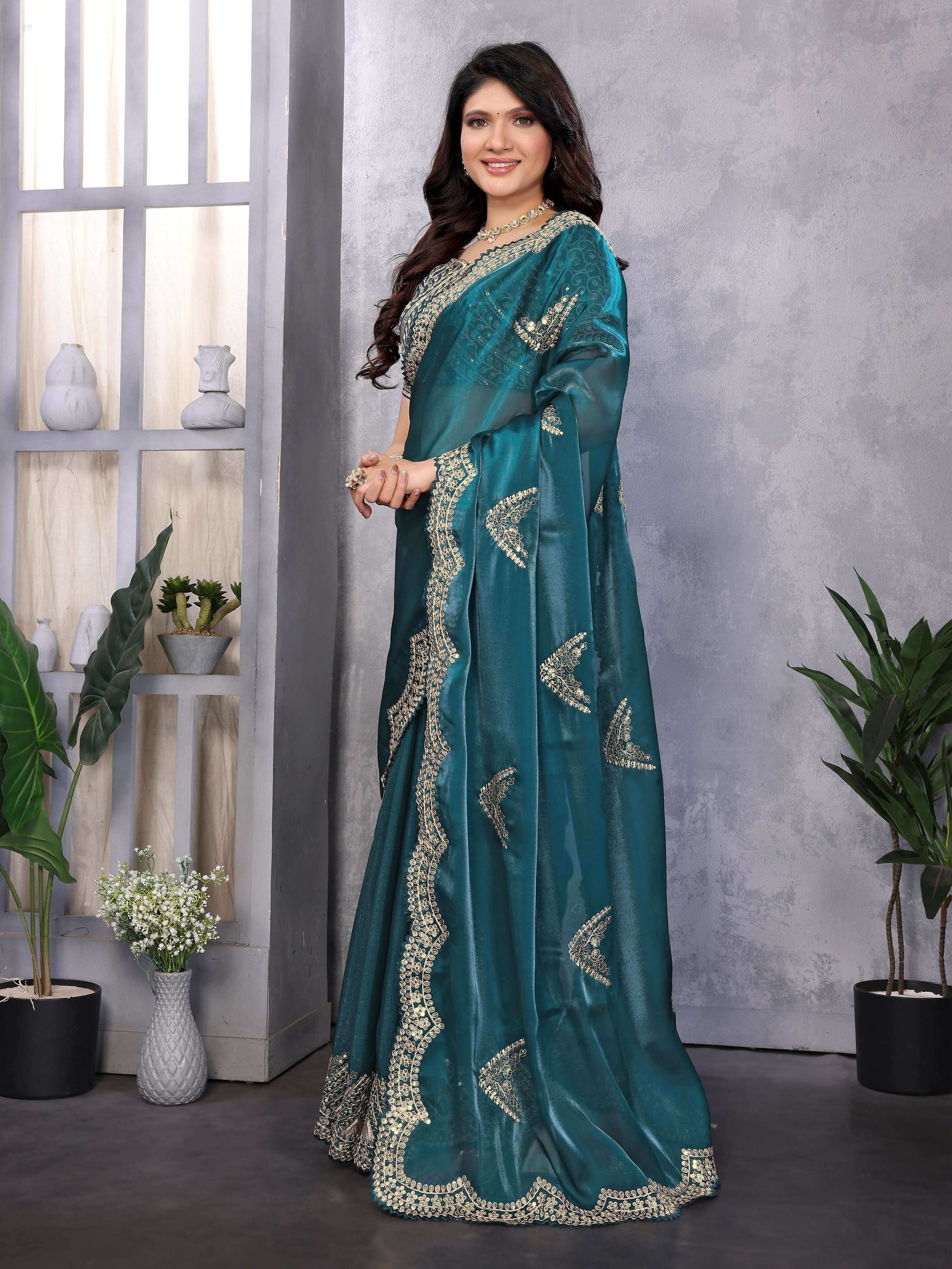 Vastranavya Teal Embroidery Work Shimmer Chiffon Saree with Unstitched Blouse