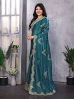 Thumbnail for Vastranavya Teal Embroidery Work Shimmer Chiffon Saree with Unstitched Blouse