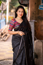 Thumbnail for Black Pure Linen Ethnic Motifs Saree with Unstitched Blouse - Hiral Fashion - Distacart