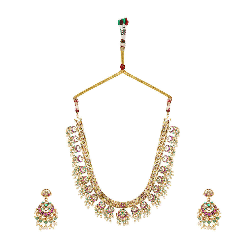 Nuyug 18K Gold Plated Estele Gold Tone Beaded Long Necklace Set