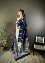 Thumbnail for Joban Fashion Navy Blue Floral Motifs Soft Silk Banarasi Saree - Distacart
