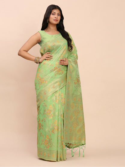 Shree Shyam Fashion Linen Cotton Green Saree - Distacart