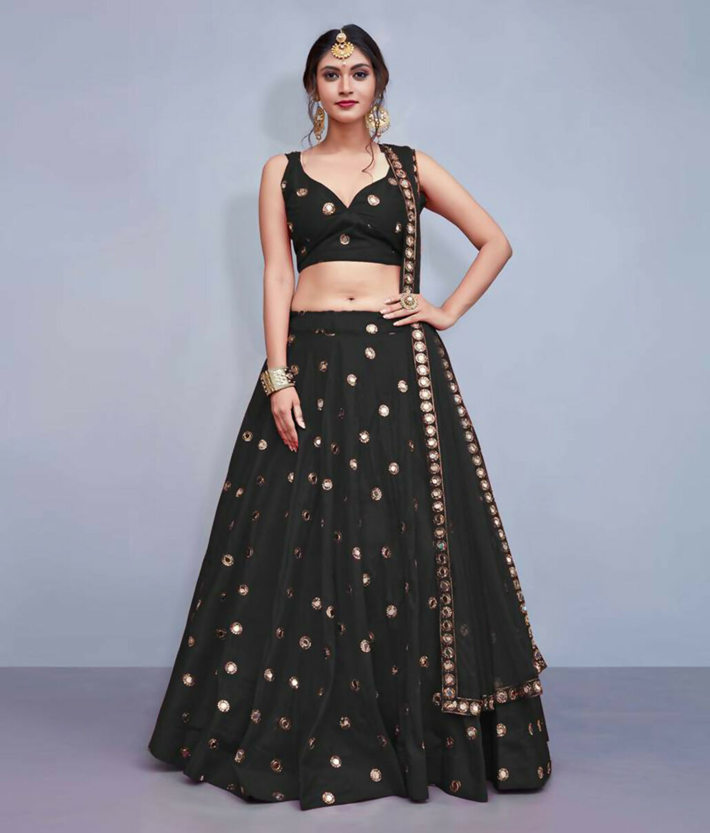 Jyoti Fashion Beautiful Black Embroidered with Mirror work Art Silk Party Wear Lehenga Choli with Dupatta - Distacart