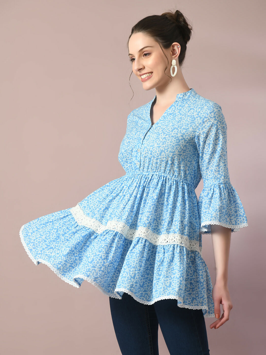 Myshka Women's Blue Embellished Cotton Gathered Party Empire Top - Distacart