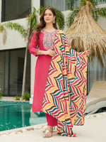 Thumbnail for The52 Women's Beautiful Rayon Fabric Embroidery Work Straight Kurta Pant and Dupatta Set - Distacart