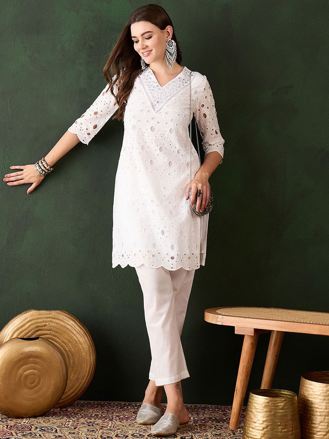 Sangria White Floral Embroidered V-Neck Mirror Work Pure Cotton Kurta with Trousers
