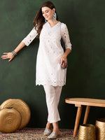 Thumbnail for Sangria White Floral Embroidered V-Neck Mirror Work Pure Cotton Kurta with Trousers