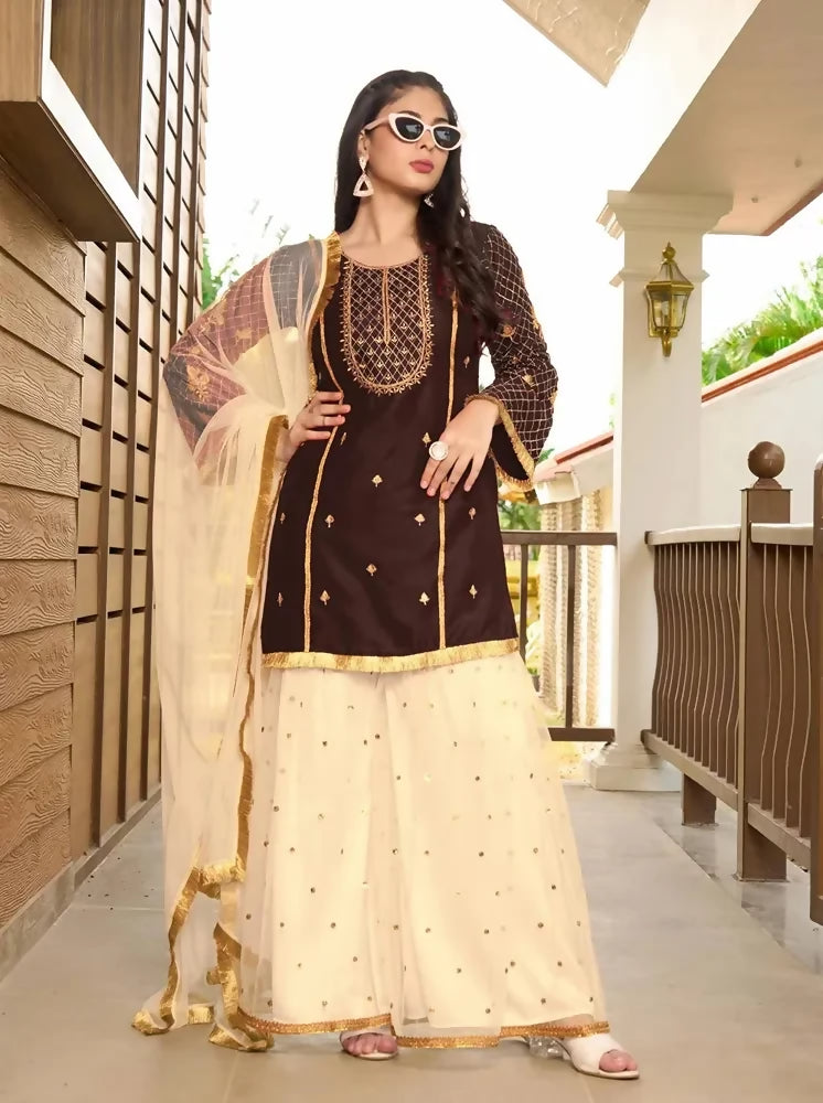 Nikhaar Brown Embroidered Cotton Silk Straight Cut Readymade Pakistani Suit