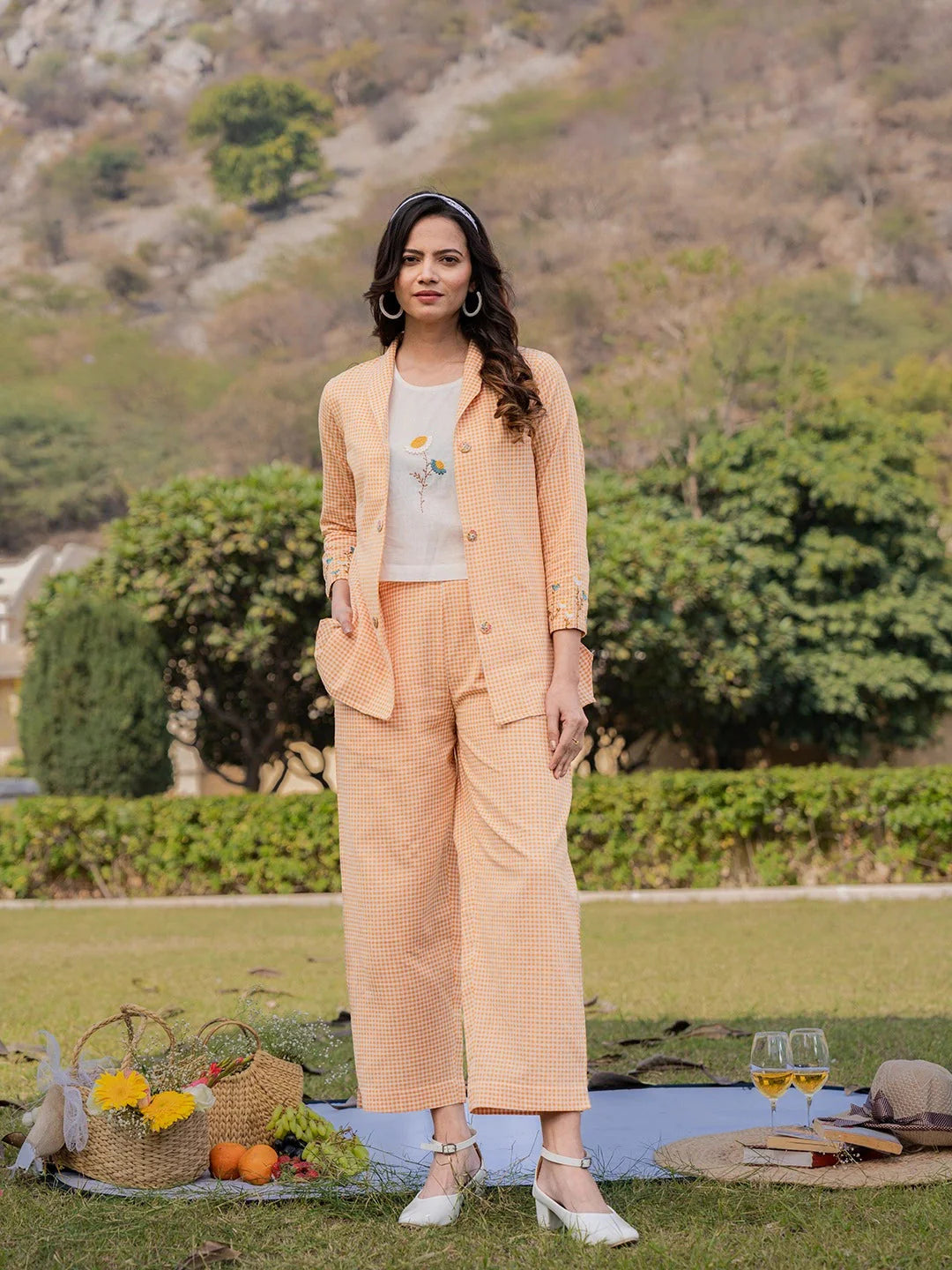 Yufta Weaved Cotton Checks Printed Co Ord Set With Embroidery - Distacart