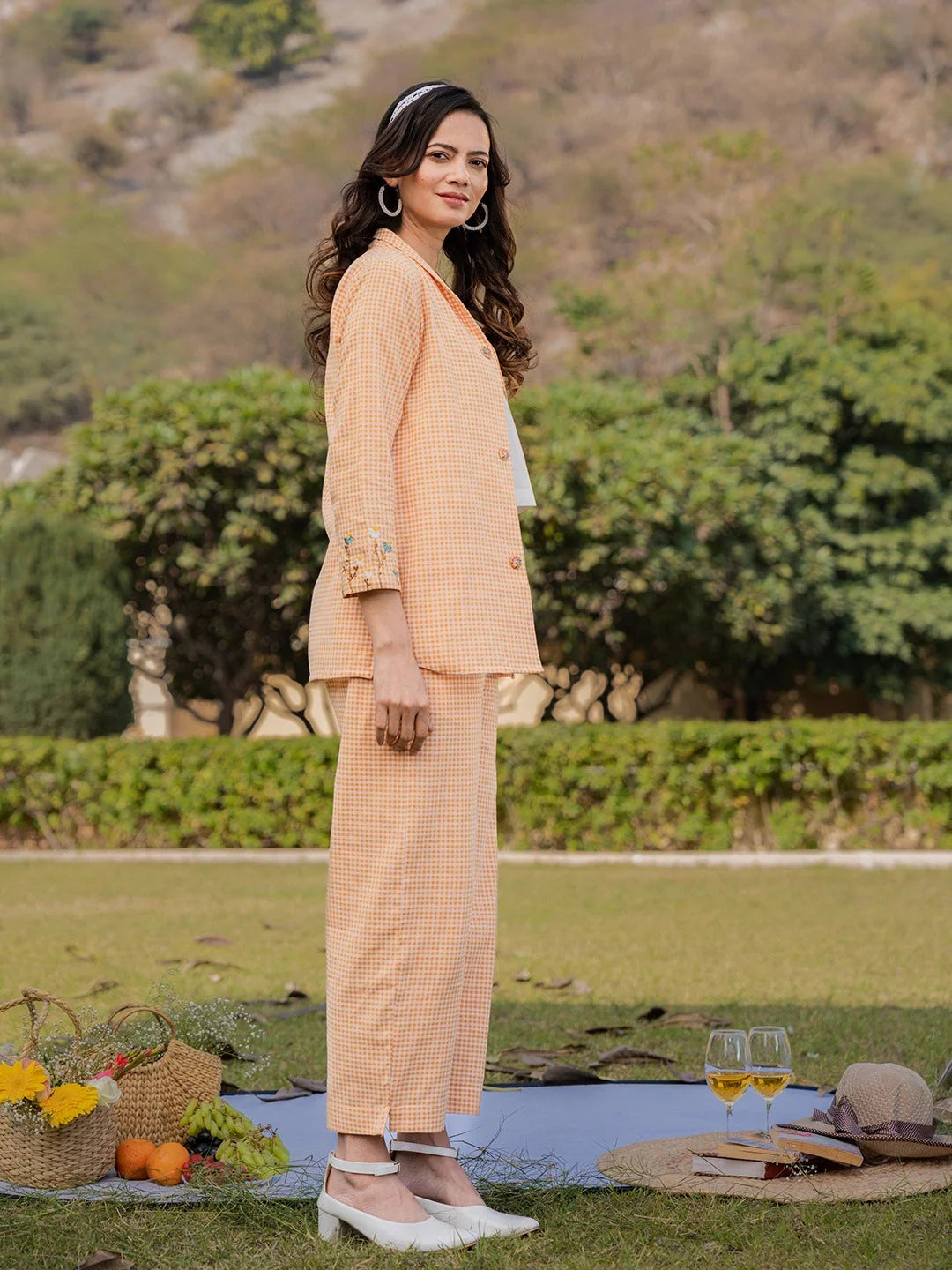 Yufta Weaved Cotton Checks Printed Co Ord Set With Embroidery